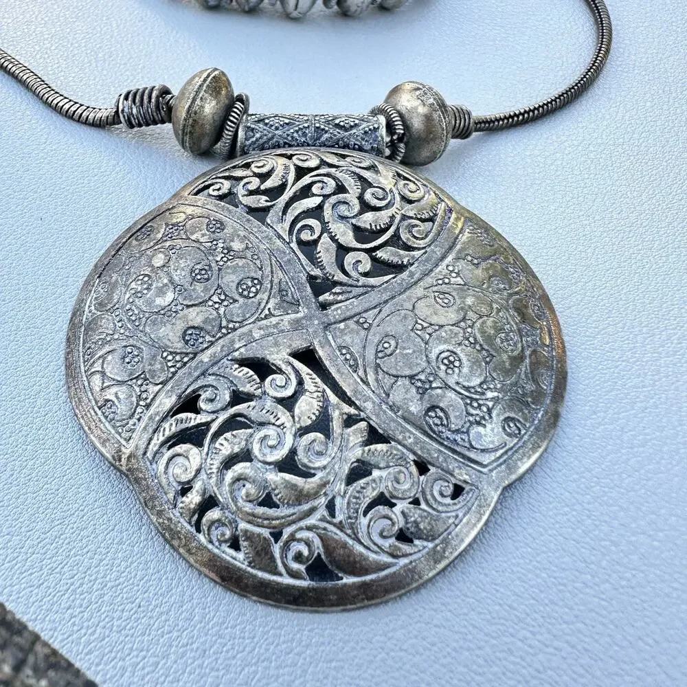 Vintage Moroccan Style Necklace Silver Medallion Statement Ethnic Tribal 19”